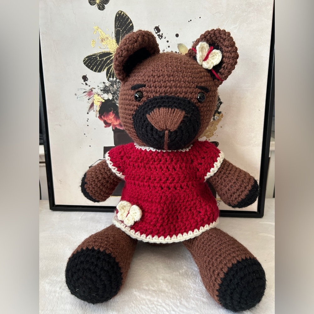 Crochet Teddy Bear with Red Butterfly Dress -Handmade